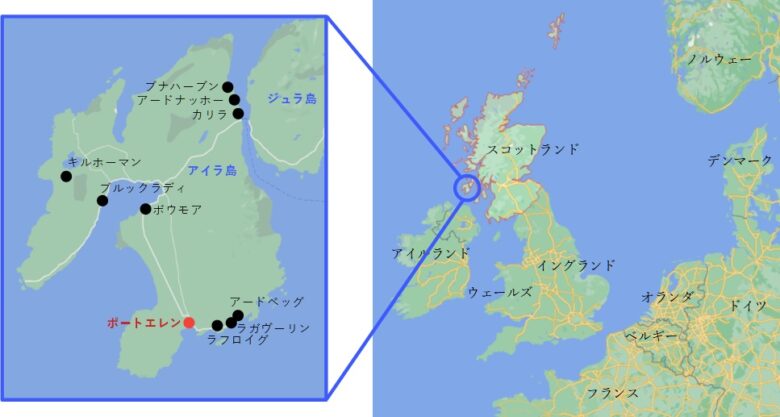 アイラ島地図
ポートエレン蒸留所場所
