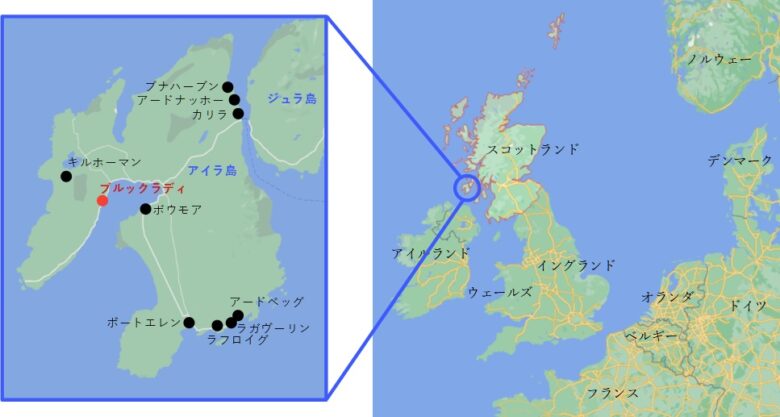 アイラ島地図
ブルックラディ蒸留所場所