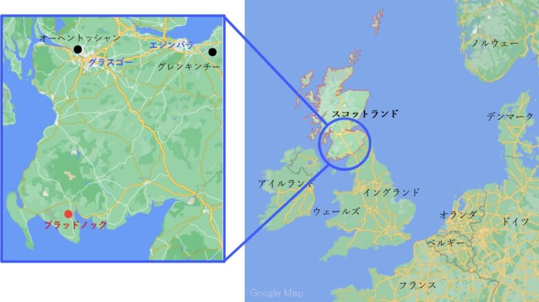 ローランド地域地図
ブラッドノック蒸留所場所