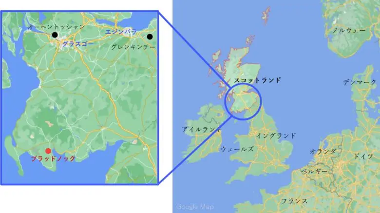 ローランド地域地図ブラッドノック蒸留所場所