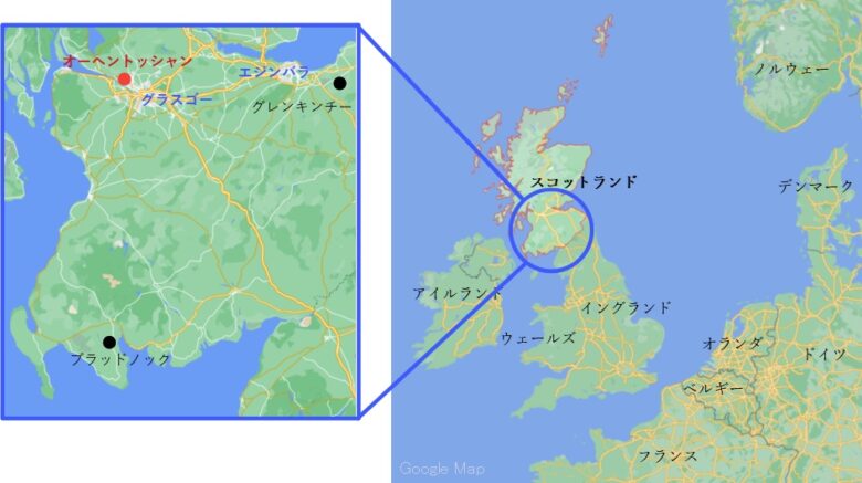 ローランド地図
オーヘントッシャン蒸留所場所