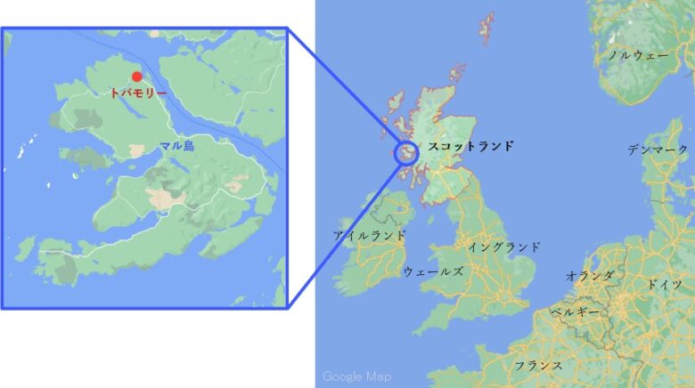 マル島地図
トバモリー蒸留所場所