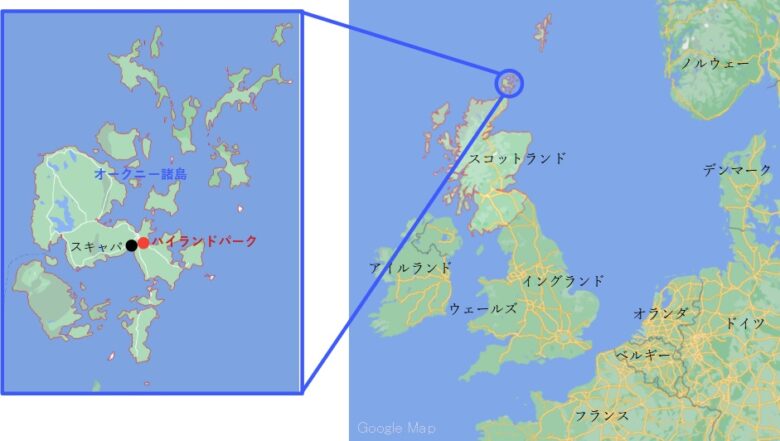 オークニー諸島地図
ハイランドパーク蒸留所場所