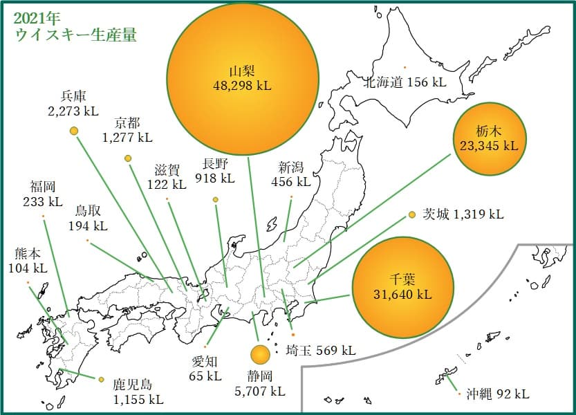 都道府県別ウイスキーの生産量 マップ